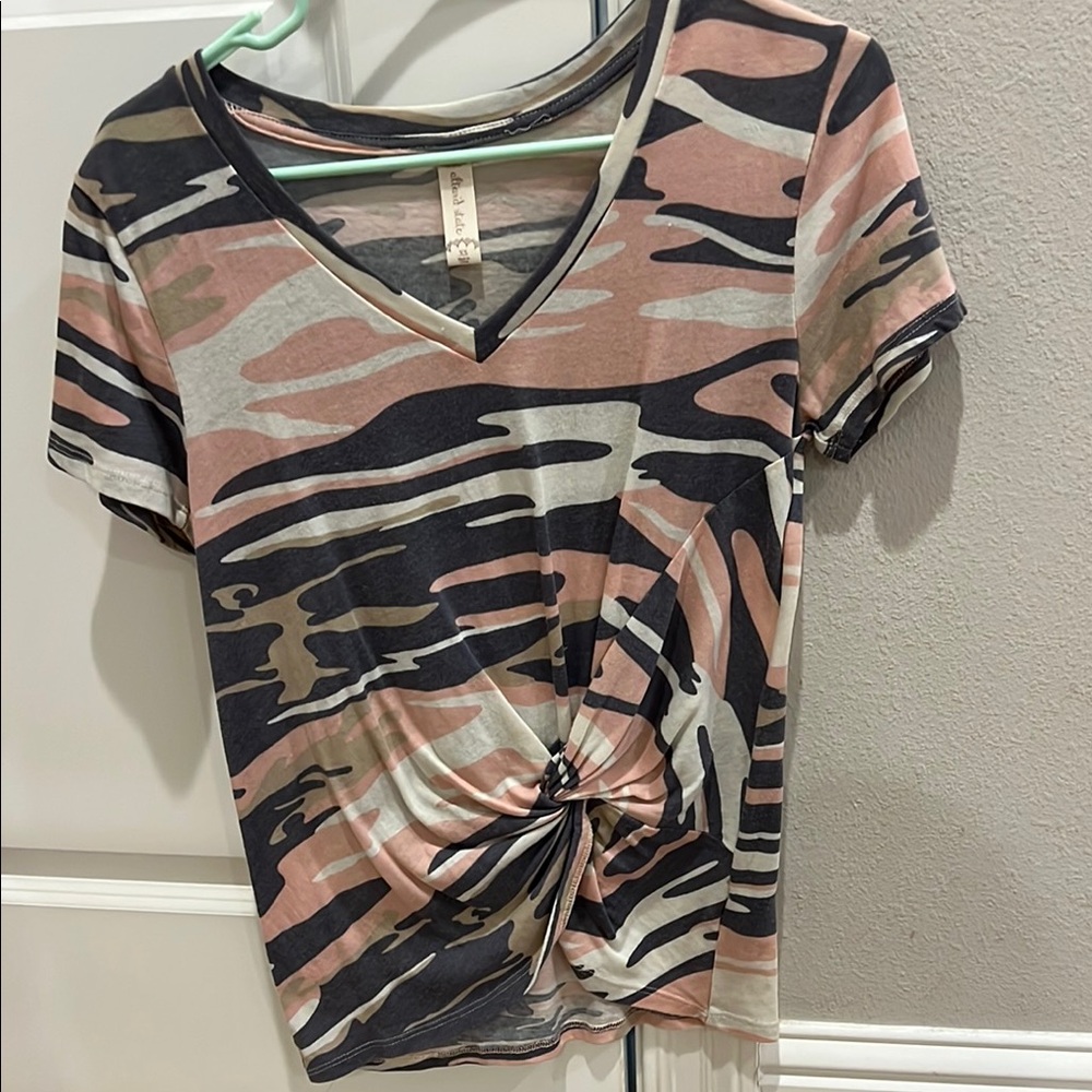 Altar'd State Pink and Black Tie Front Short Sleeve Tee